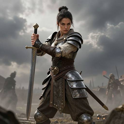 Digital artwork of a fierce, dark-haired woman in medieval armor, holding a sword on a battlefield with cloudy sky and distant warriors.