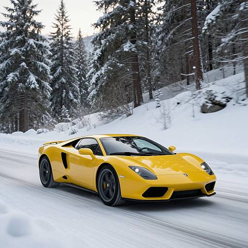 Photograph of a sleek yellow Lamborghini Gallardo speeding through a snowy forest, with tall, snow-covered evergreen trees in the background.