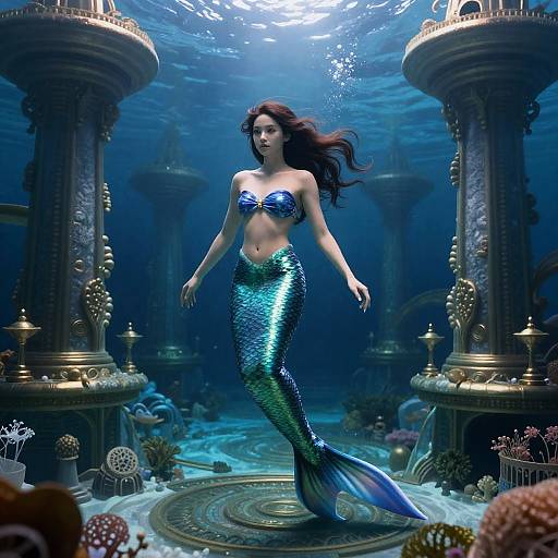 Digital art of a beautiful mermaid with long red hair, blue shell bra, and green-scaled tail, swimming in an underwater temple with ornate
