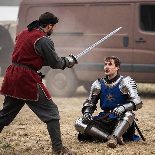 Medieval Sword Fight Amongst Dust and Smoke
