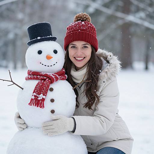 Photograph of a smiling woman in a white coat and red knit hat, hugging a snowman with a black hat and red scarf, in a