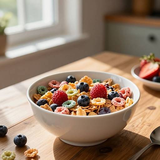 Photograph of a white bowl filled with colorful cereal, blueberries, raspberries, and granola, on a sunlit wooden table.