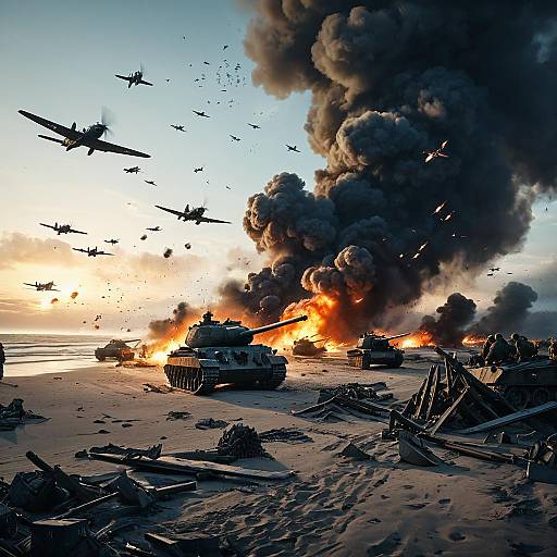 D-Day WWII Battlefield with Tanks and Airplanes