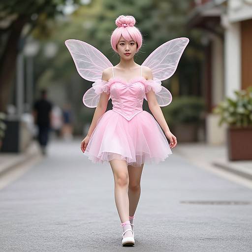 Digital artwork of a young Asian woman with pink hair in a bun, wearing a pink fairy dress and transparent wings, walking down a blurred urban street.