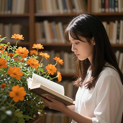 Photograph of a young Asian woman with long black hair, wearing a white blouse, reading a book beside bright orange flowers in a sunlit library.