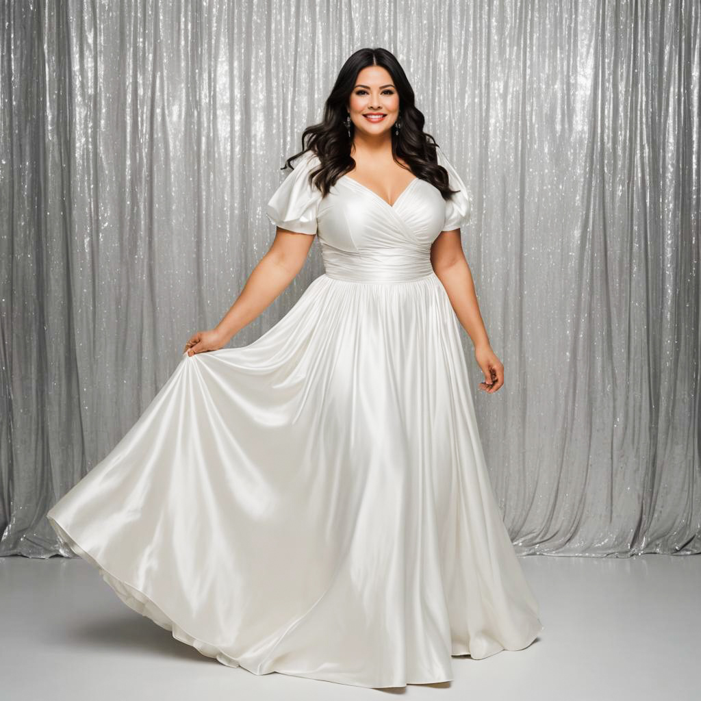 Cheerful Actress in Flowy White Gown