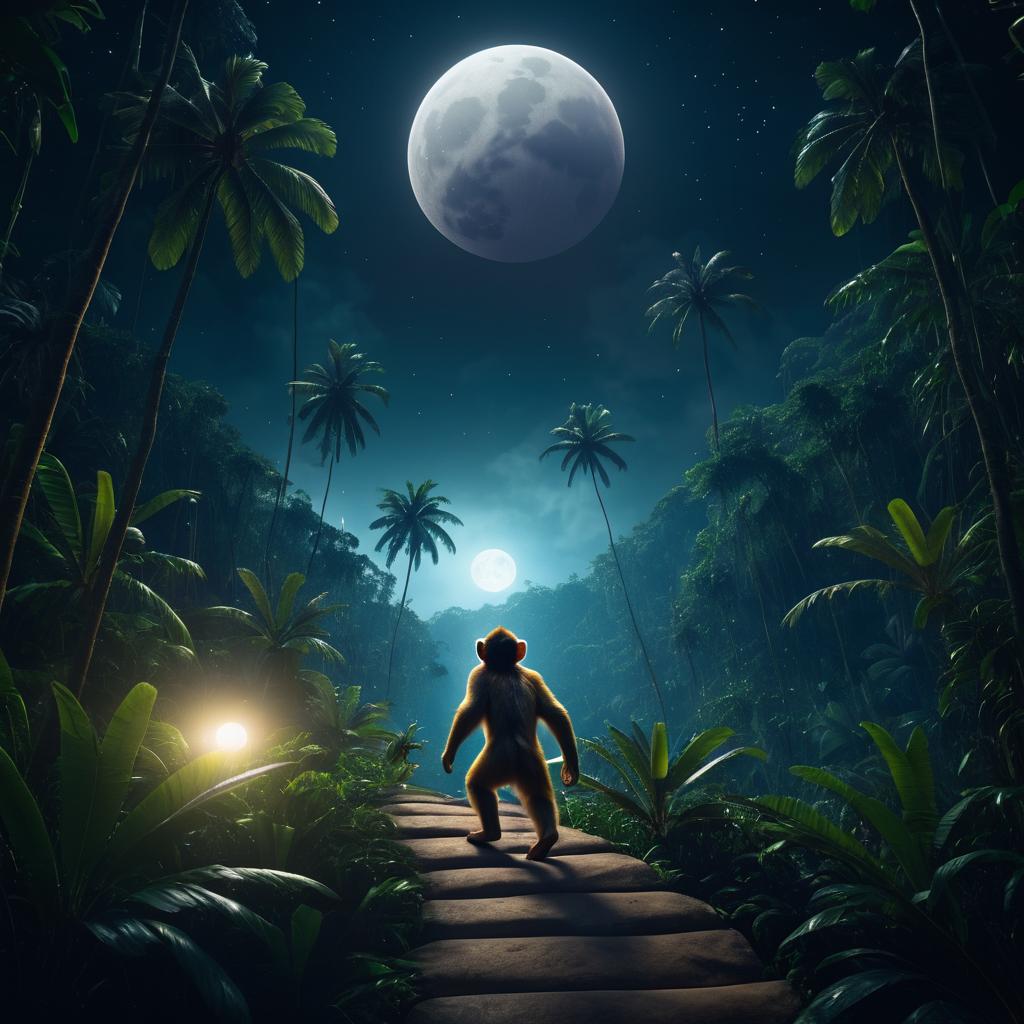 Playful Monkey in Jungle Night Scene