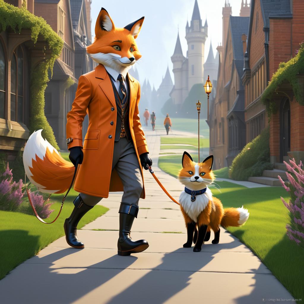 Anthropomorphic Fox Walking a Cat