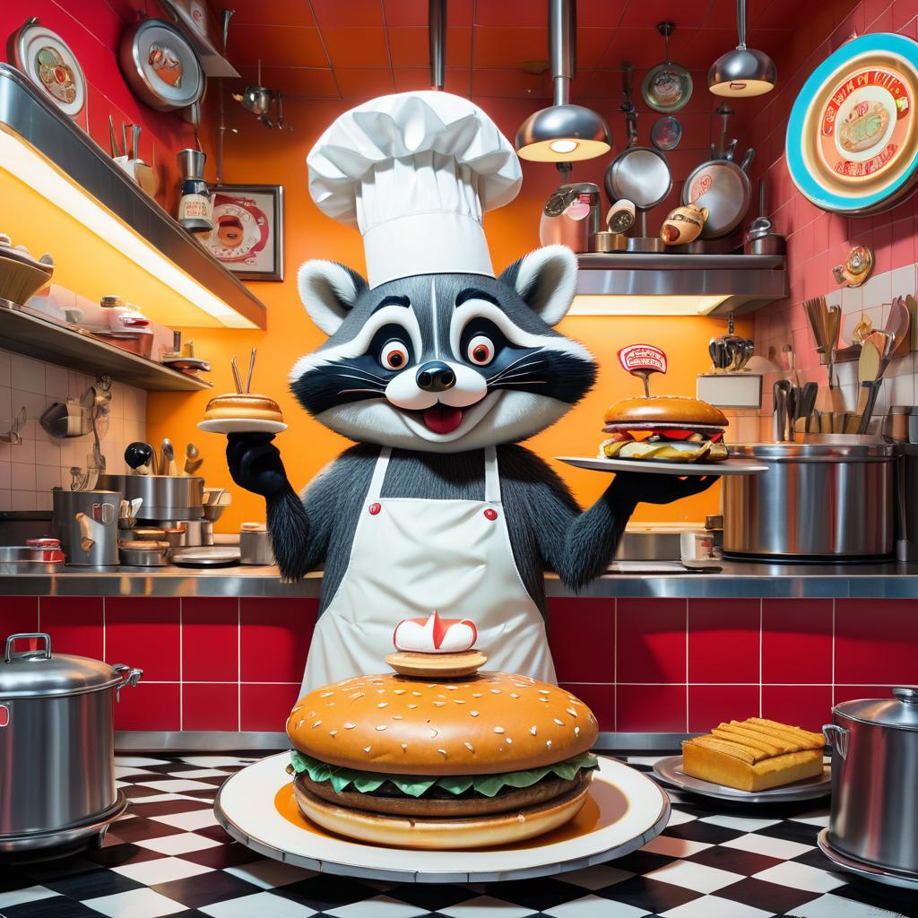 Whimsical Raccoon Chef in Quirky Diner