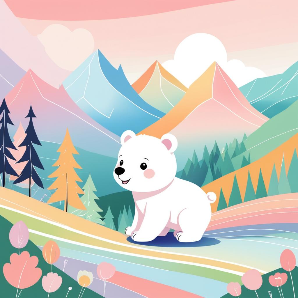 Whimsical Baby Bear in Pastel Mountains