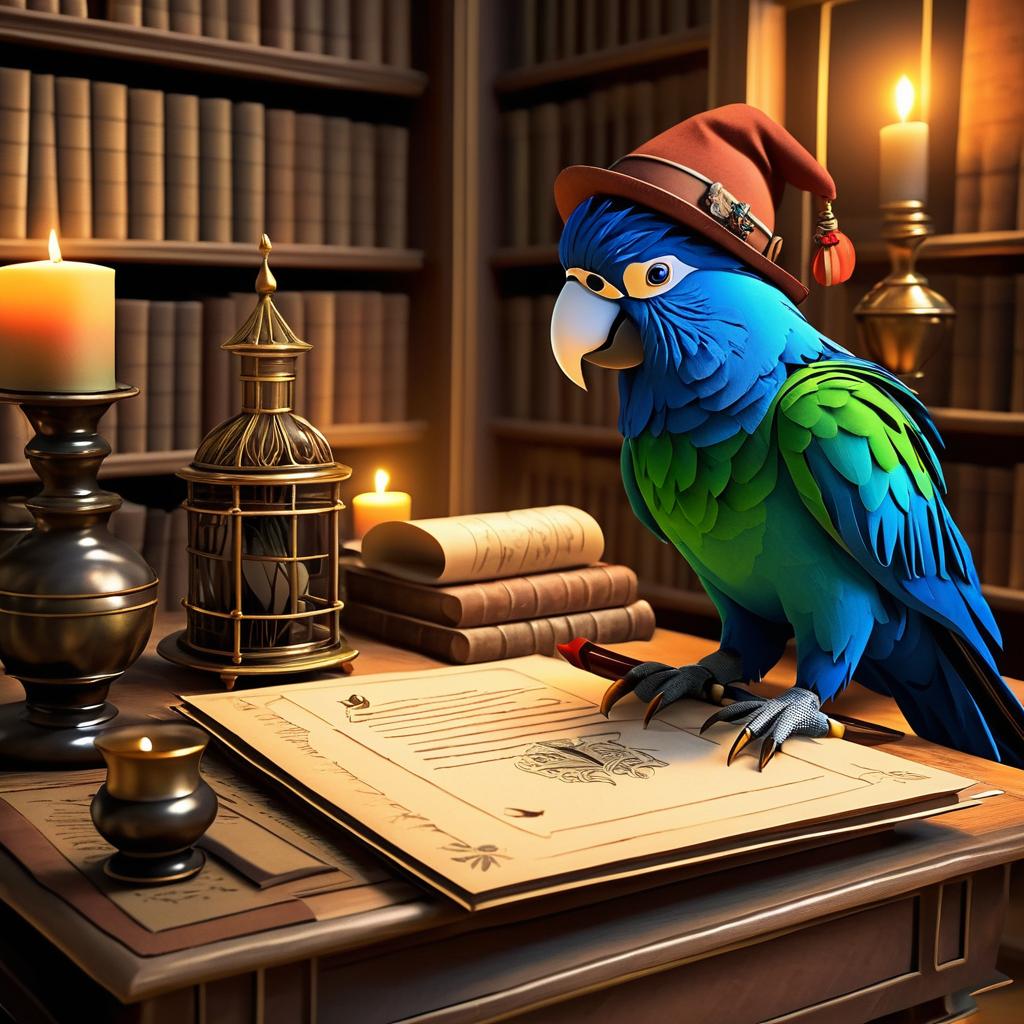 Whimsical Animated Parrot Writer Scene