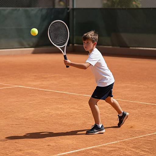 Photograph of a young boy in a white shirt and black shorts, hitting a yellow tennis ball on an orange clay court.