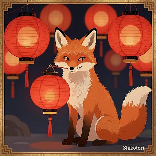 Traditional Japanese Fox with Red Lanterns
