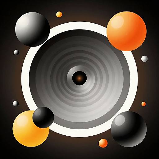 Abstract digital artwork featuring a black-and-white spiral pattern with vibrant orange and black glossy spheres scattered around the center.