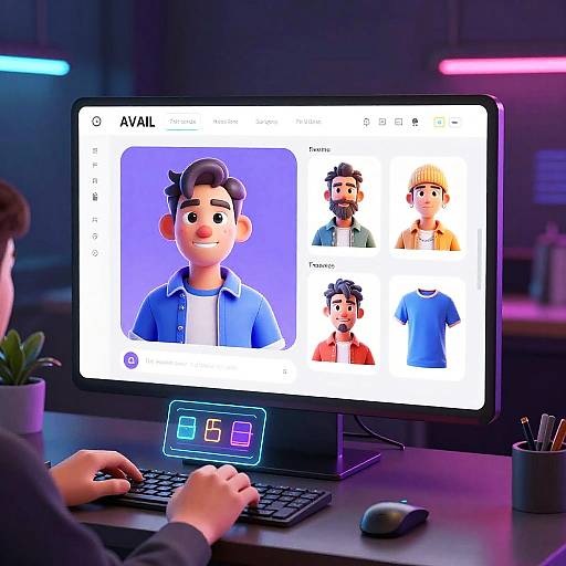 Photograph of a person typing on a computer, displaying an avatar selection screen with five cartoon male characters in various clothes. Neon lights in the background.