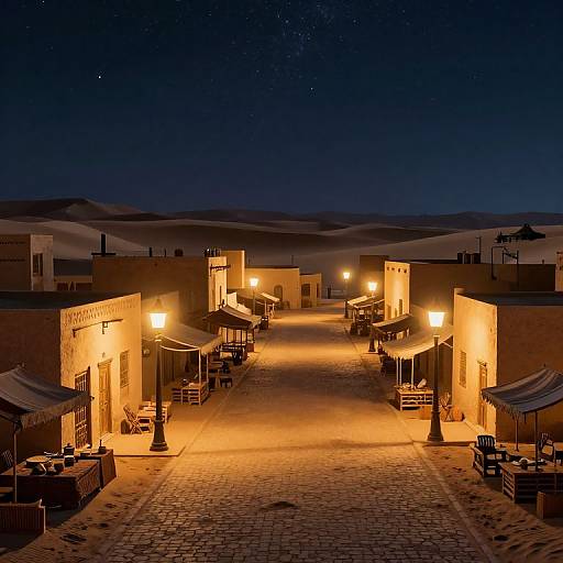 Narrow, warmly lit, desert street at night with starry sky, illuminated buildings, outdoor tables, and lamps, creating a cozy, inviting atmosphere