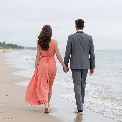 Photograph of a couple walking hand-in-hand on a beach, the woman in a flowing coral dress and the man in a gray suit.