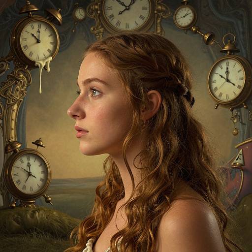 Photograph-style digital art of a young woman with wavy brown hair, side profile, surrounded by antique clocks with dripping wax, against a dark,