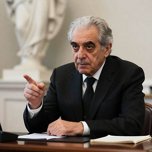 Elderly Man in Black Suit at Desk