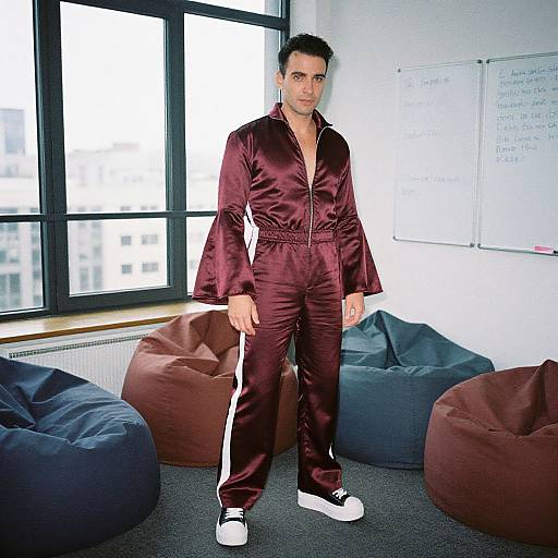 Photograph of a man with short dark hair, wearing a deep burgundy satin tracksuit, white sneakers, standing in a modern office with large windows