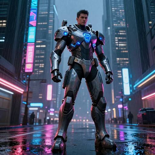 CGI image of a muscular, armored, futuristic soldier standing in a neon-lit, rainy city street at night. Blue and pink lights reflect off