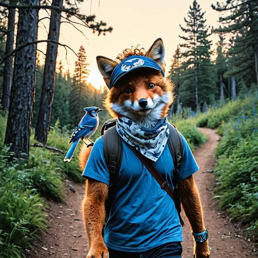 Anthropomorphic Fox Hiking with Blue Jay Anthropomorphic Fox Hiking with Blue Jay