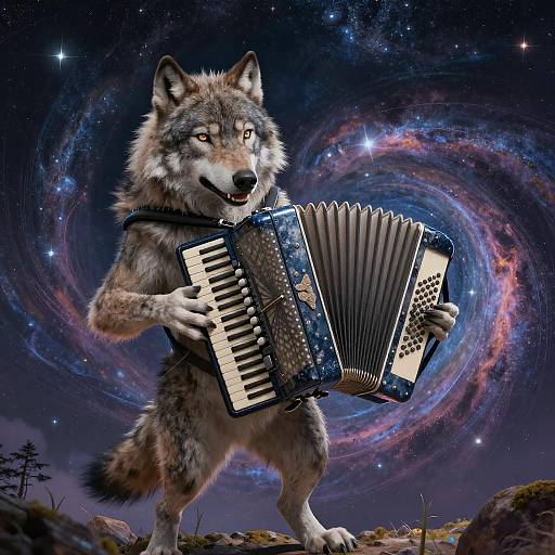 Digital art: Anthropomorphic wolf playing a blue and white accordion under a swirling, starry galaxy night sky, standing on rocky terrain.