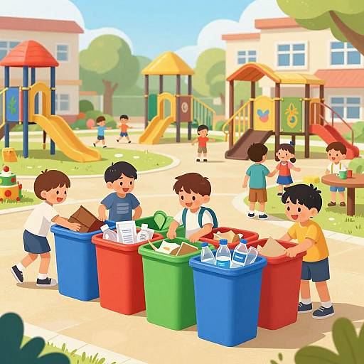 Cartoon-style digital illustration of children sorting recyclables in colorful bins at a sunny playground, with playground equipment and other kids in the background.