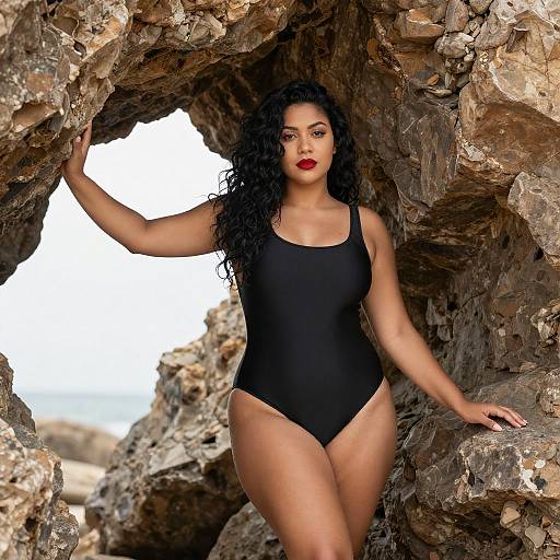Curvy Woman in Black Swimsuit at Cave