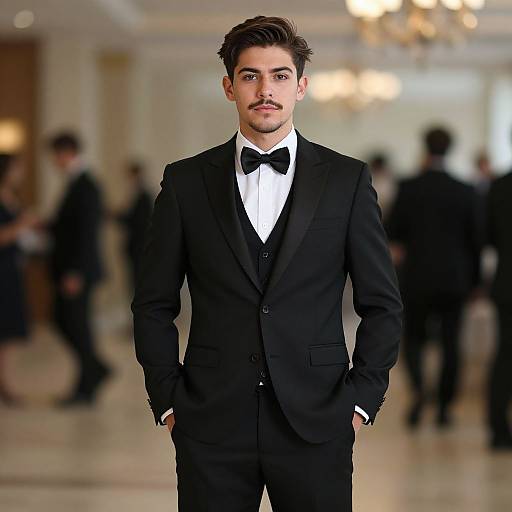 Photograph of a handsome young man with dark hair, mustache, and fair skin, wearing a black tuxedo with bow tie, standing confidently