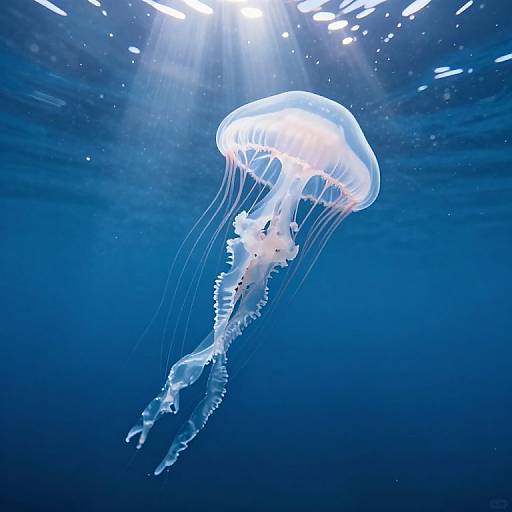 Photograph of a glowing, translucent jellyfish with delicate, flowing tentacles, illuminated by sunlight rays in a deep blue underwater setting.