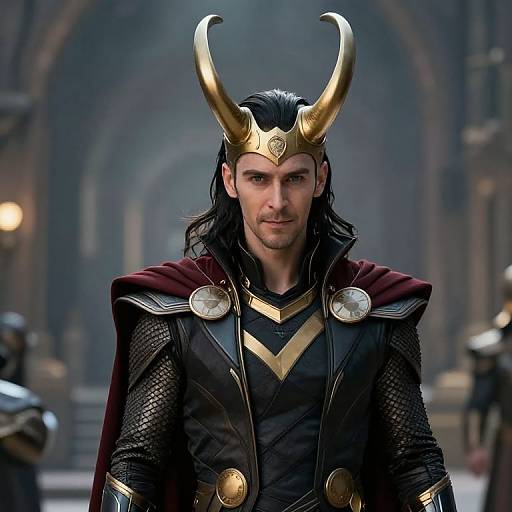 CGI image of a handsome man with long black hair, wearing a gold horned helmet, black and gold armor, and a red cape, standing