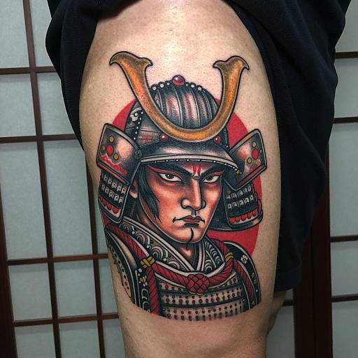 Samurai Face Tattoo on Thigh