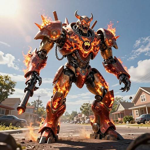 CGI image of a fiery, armored robot with horns standing in a suburban street, glowing red and orange with flames, under a bright blue sky.