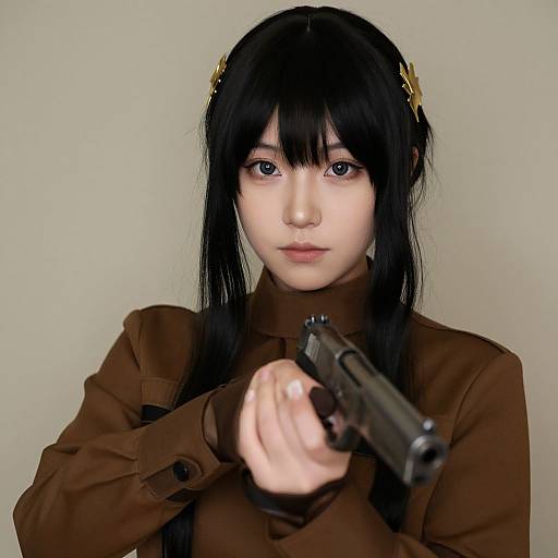 Digital anime-style portrait of a young woman with long black hair, wearing a brown military-style jacket, aiming a black handgun directly at the camera. Neutral