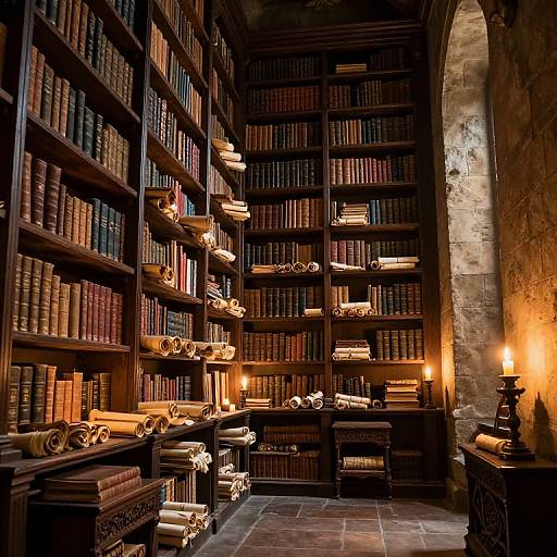 Photograph of a dimly lit, rustic library with dark wooden shelves filled with books, rolled scrolls, and lit candles. Warm, amber light casts