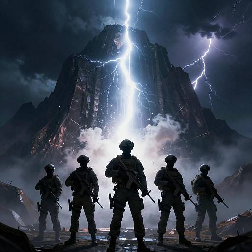 Silhouetted Soldiers Against Explosive Blue Light