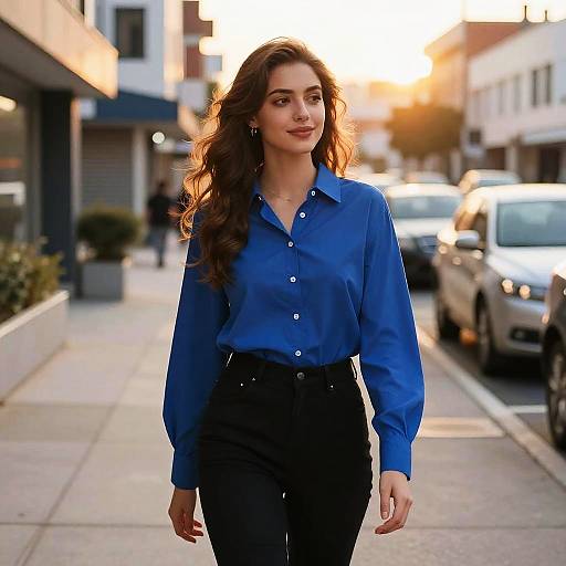 Young Woman on City Sidewalk at Sunset