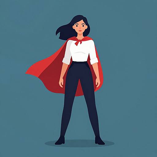Digital illustration of a confident woman with dark blue hair, white shirt, black pants, red cape, standing against a blue background.