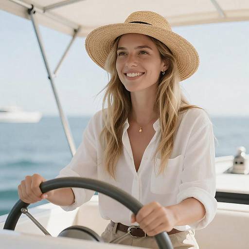 Smiling Blonde Woman Steering a Boat