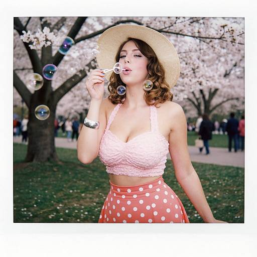 Photograph of a curly-haired woman in a pink lace crop top and red polka dot skirt, blowing bubbles in a cherry blossom park. She wears