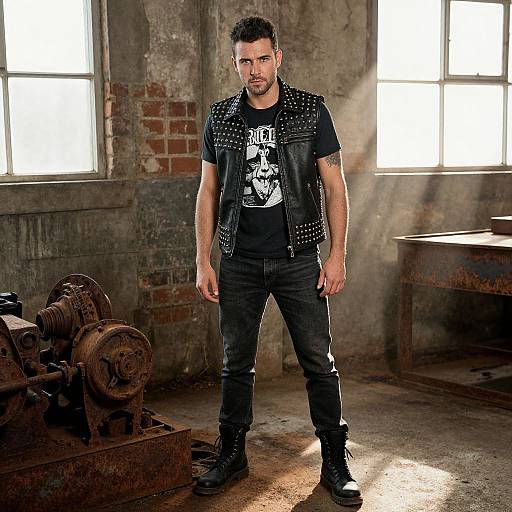 Photograph of a muscular, dark-haired man in a black leather vest, graphic tee, and jeans, standing in a sunlit, industrial room with