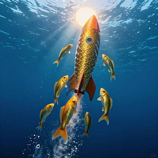 Photograph of a vibrant orange and black fish with sparkling scales surrounded by yellow and green school fish, swimming in a deep blue ocean under sunlight rays.