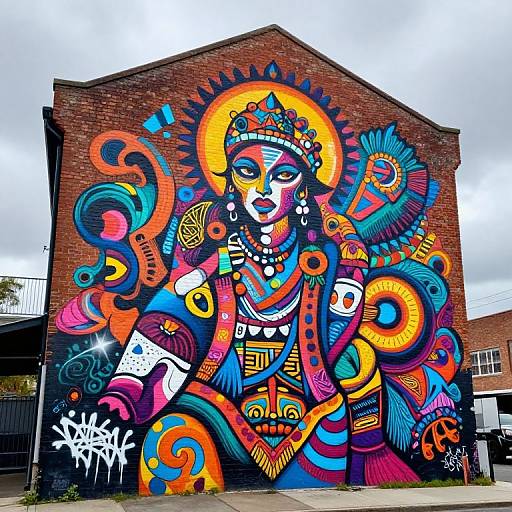 Vibrant, detailed mural of a colorful, stylized deity with intricate patterns and swirling designs on a red brick building. Urban street art.