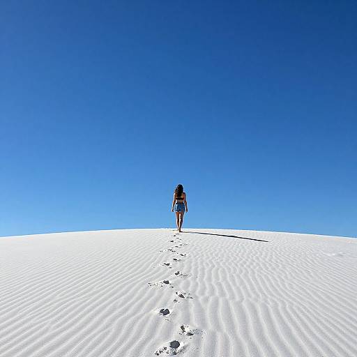 Photograph of a lone person with long dark hair walking on a vast, rippled white sand dune under a clear, vibrant blue sky. Foot