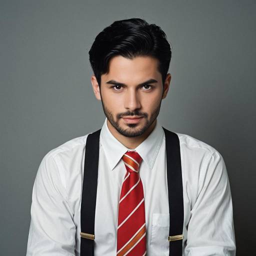 Young Man in White Shirt with Red Necktie and Suspenders