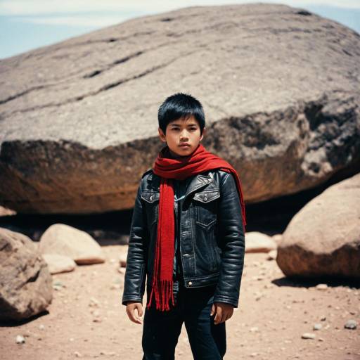 Boy in Red Scarf and Leather Jacket Outdoors