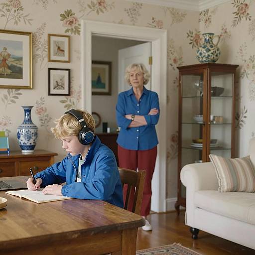 Boy Studying at Table with Elderly Woman Watching