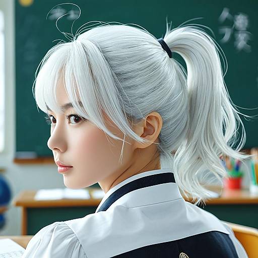 Photorealistic digital artwork of an Asian woman with white hair in a ponytail, wearing a black and white uniform, looking over her shoulder in a
