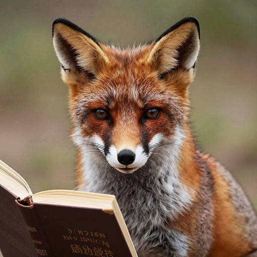 Photograph of a red fox with piercing eyes, orange and white fur, and black-tipped ears, intently reading an open book. Blurred